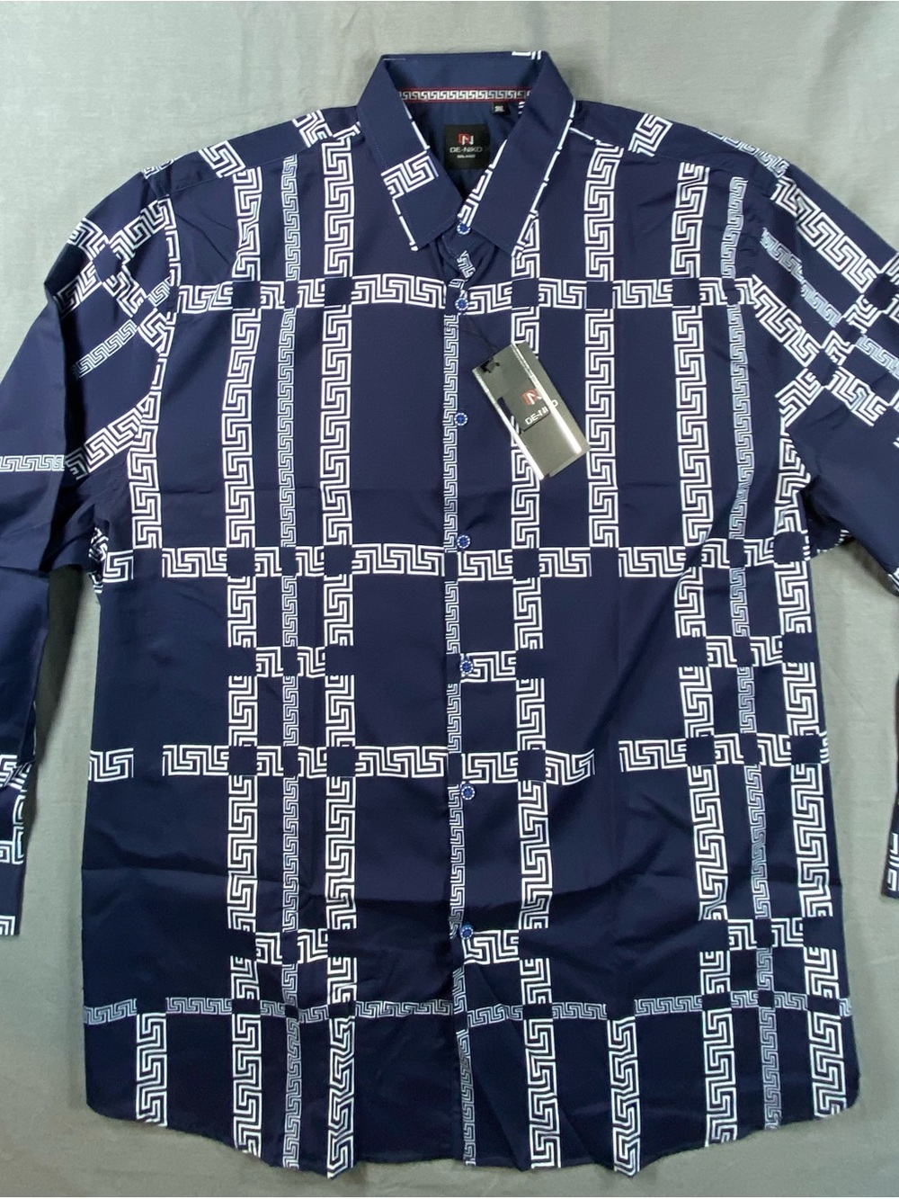 De Niko Milano Men's Navy Geometric-Print Button Down Shirt XXXL